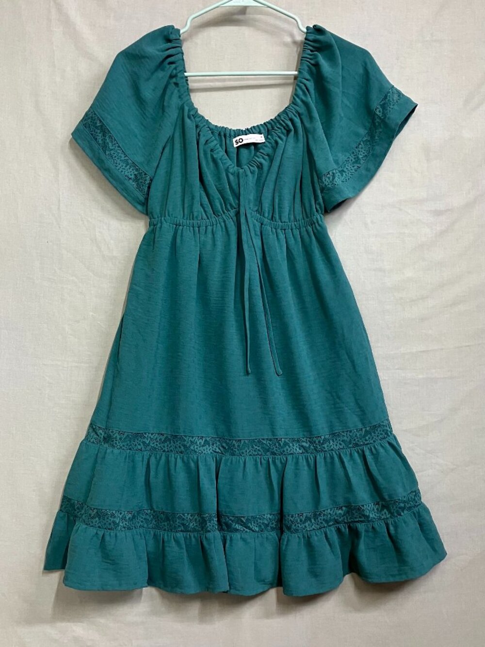 SO Goods For Life Women's Size Small Green Geneva Lace Trim Tiered Dress Plus
